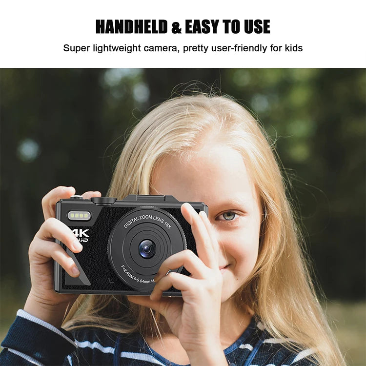 Child holding a camera with text about its ease of use for kids