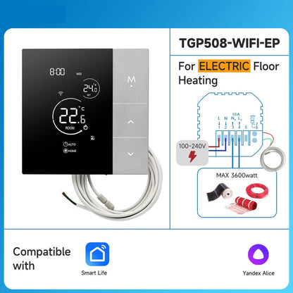 Electric floor heating ClimaClik Home Thermostat with wiring diagram and compatibility icons on a blue background
