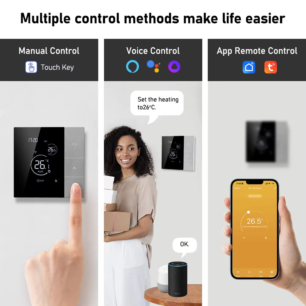 Three control methods for a ClimaClik Home Thermostat: manual control, voice control, and app remote control.