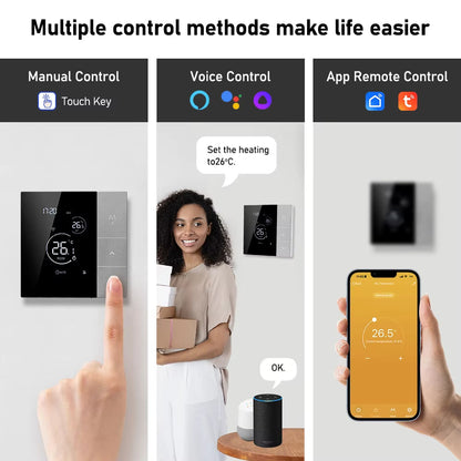 Three control methods for a ClimaClik Home Thermostat: manual control, voice control, and app remote control.