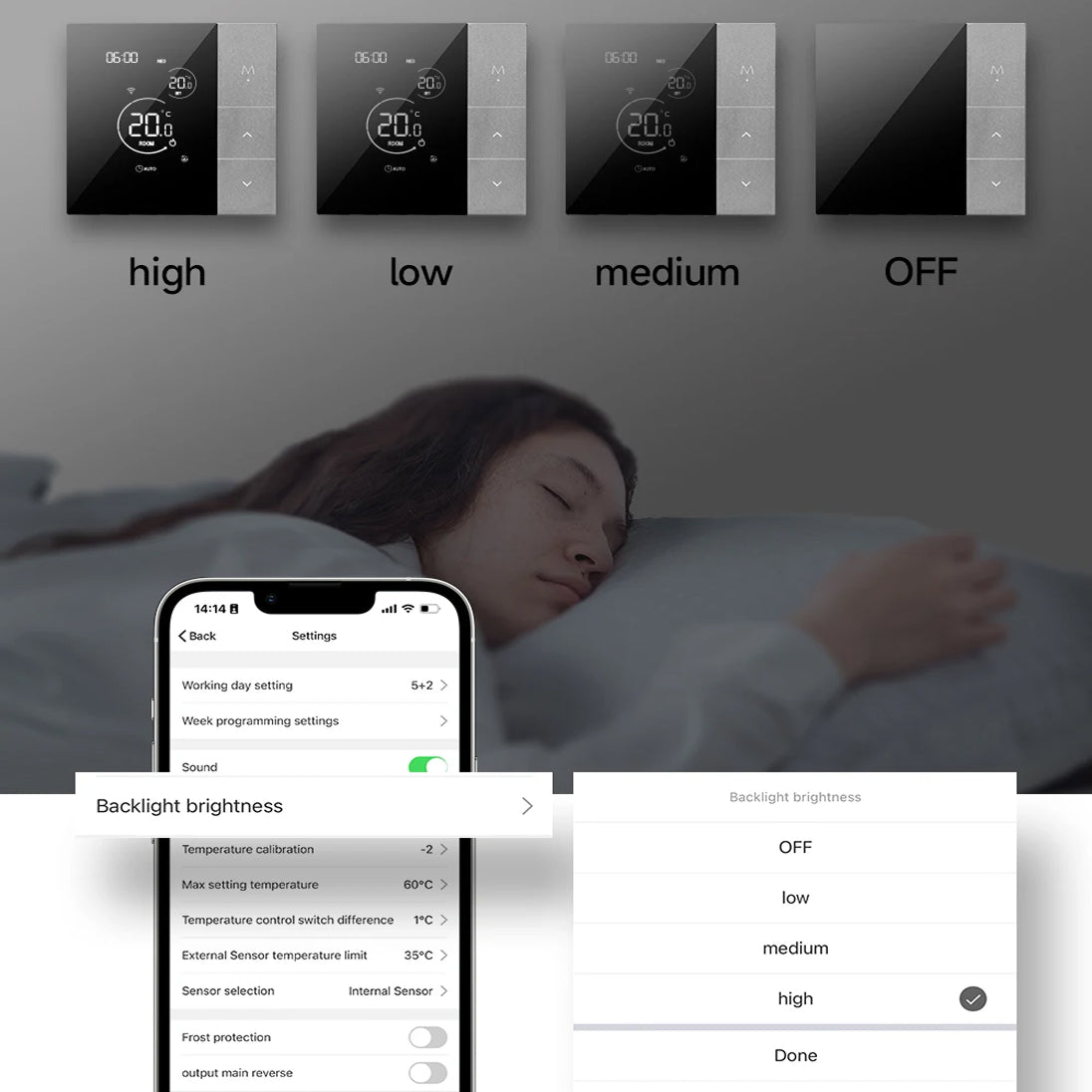 ClimaClik Home Thermostat display with 'high', 'low', 'medium', and 'OFF' settings, overlaid on a blurred image of a person sleeping.