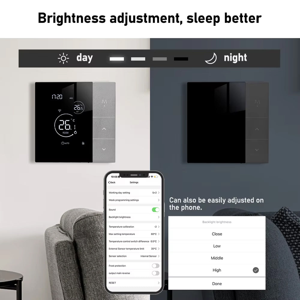 ClimaClik Home Thermostat with brightness adjustment feature displayed on a smartphone app.