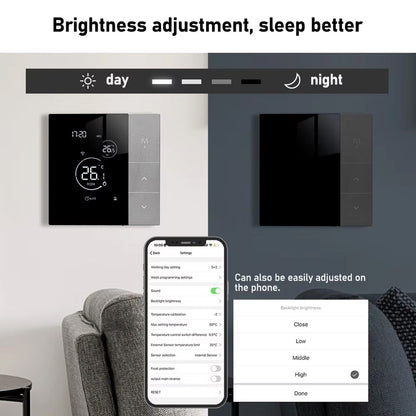 ClimaClik Home Thermostat with brightness adjustment feature displayed on a smartphone app.