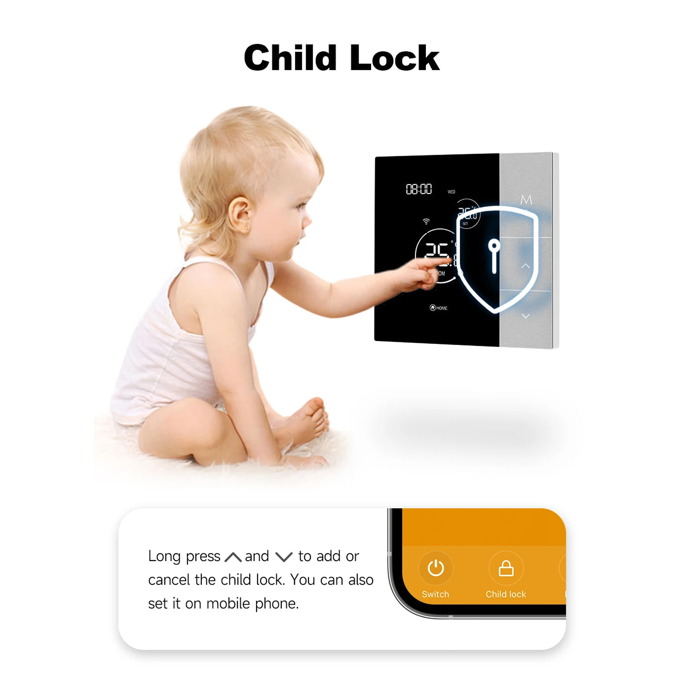 Child interacting with ClimaClik Home Thermostat display with 'Child Lock' feature.