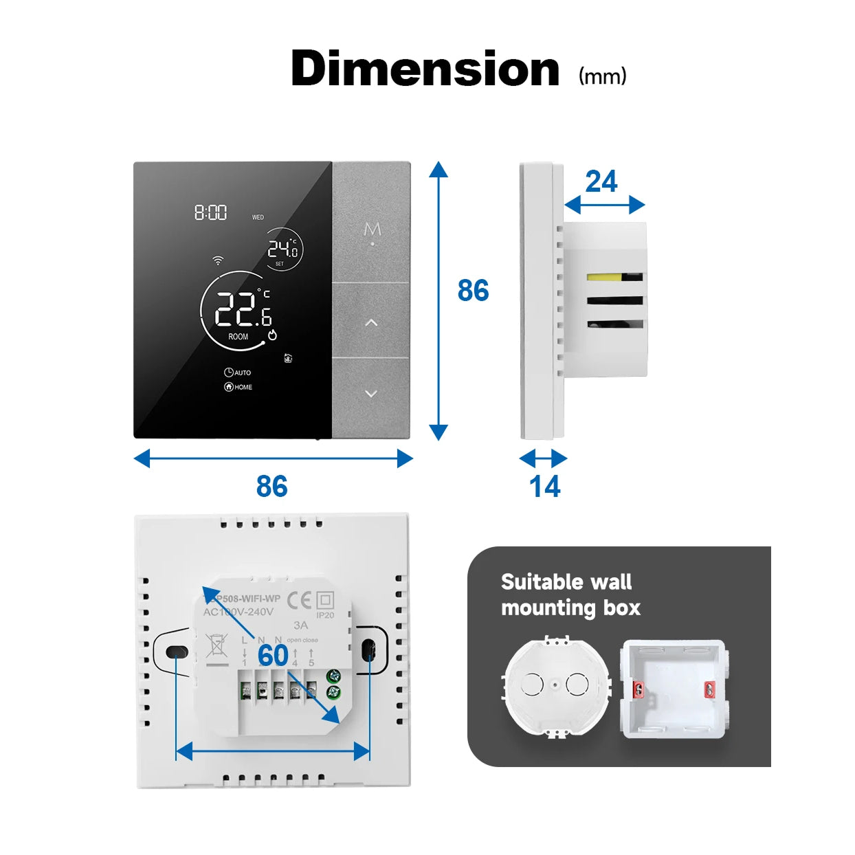 Dimensions of a ClimaClik Home Thermostat and wall mounting box on a white background