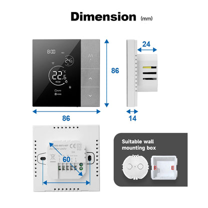 Dimensions of a ClimaClik Home Thermostat and wall mounting box on a white background