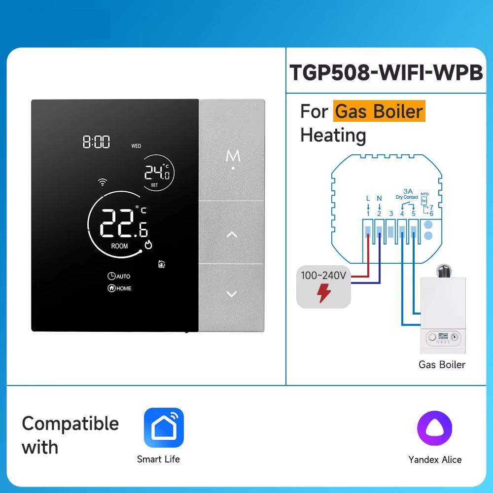 Smart ClimaClik Home Thermostat with digital display and wiring diagram on a blue background