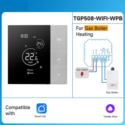 Smart ClimaClik Home Thermostat with digital display and wiring diagram on a blue background