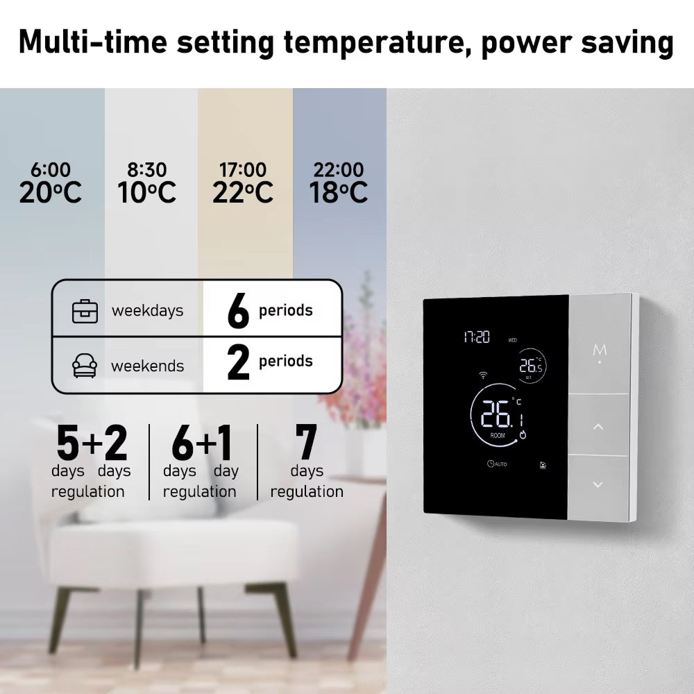 Digital ClimaClik Home Thermostat with temperature settings and time display on a wall.