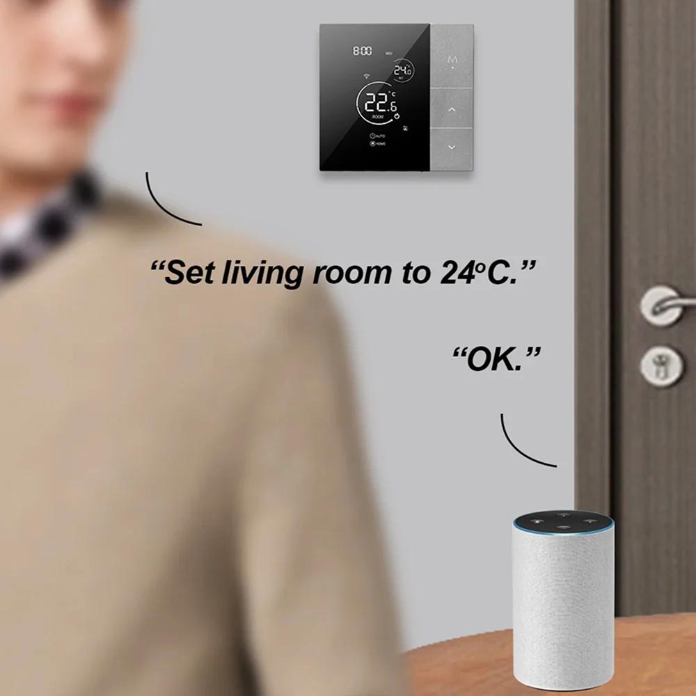 Smart ClimaClik Home Thermostat on a wall with a voice assistant device on a table, showing a command to set the living room temperature.