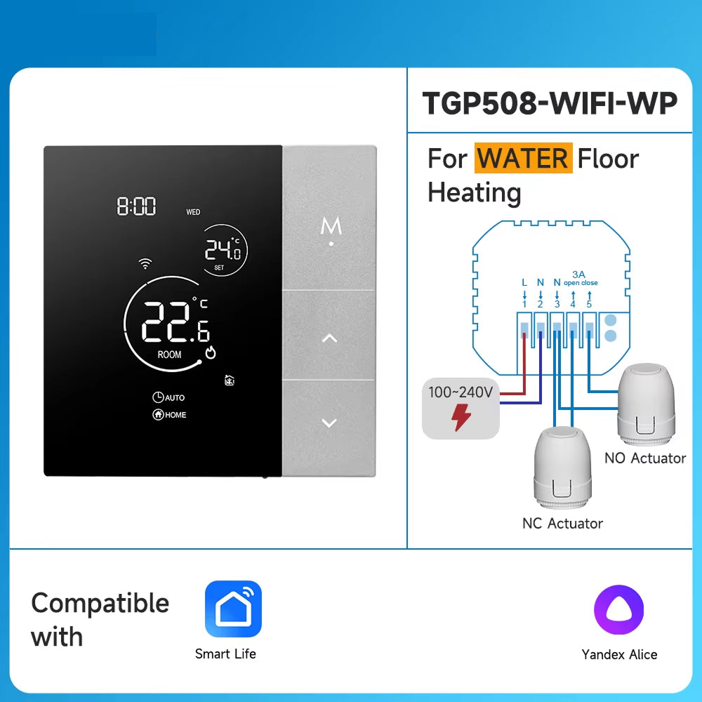 Smart ClimaClik Home Thermostat with digital display and wiring diagram on a blue background
