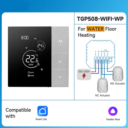 Smart ClimaClik Home Thermostat with digital display and wiring diagram on a blue background