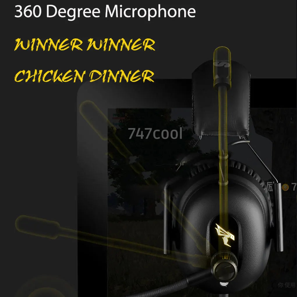 Black Commander G Series Gaming Headphones with 360-degree microphone on a dark background, featuring text 'Winner Winner Chicken Dinner' and '747cool'.