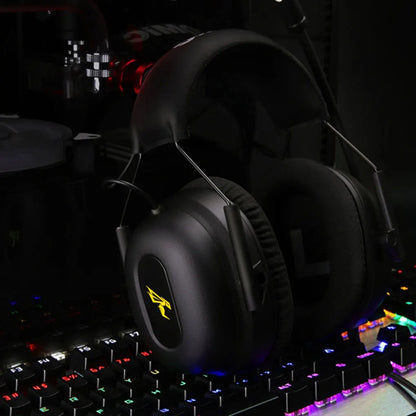 Black Commander G Series Gaming Headphones with a logo on a keyboard with colorful backlighting