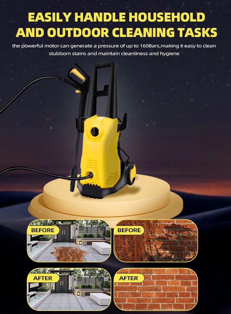 Yellow DayPlusor Pressure Washer with cleaning before and after images on a dark background