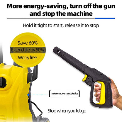 DayPlusor Pressure Washer  with gun and text highlighting energy savings and ease of use