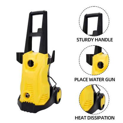Yellow DayPlusor Pressure Washer with highlighted features on a white background
