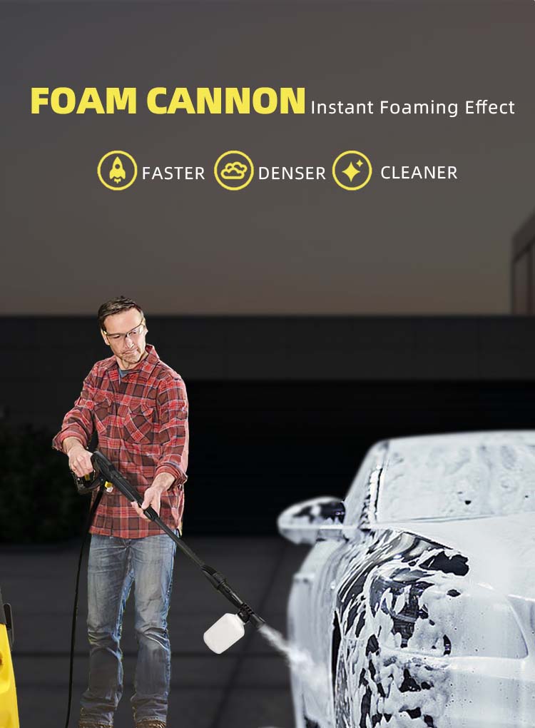 Person using a foam cannon to wash a car with text highlighting features.