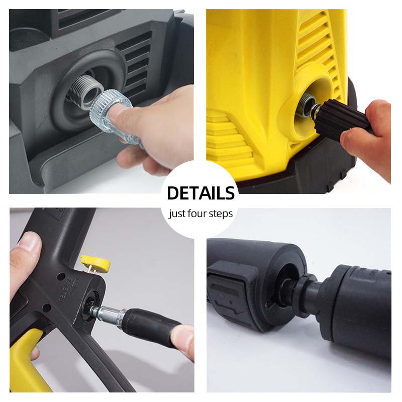 Step-by-step guide on how to use a power tool with close-up shots of hands performing actions.