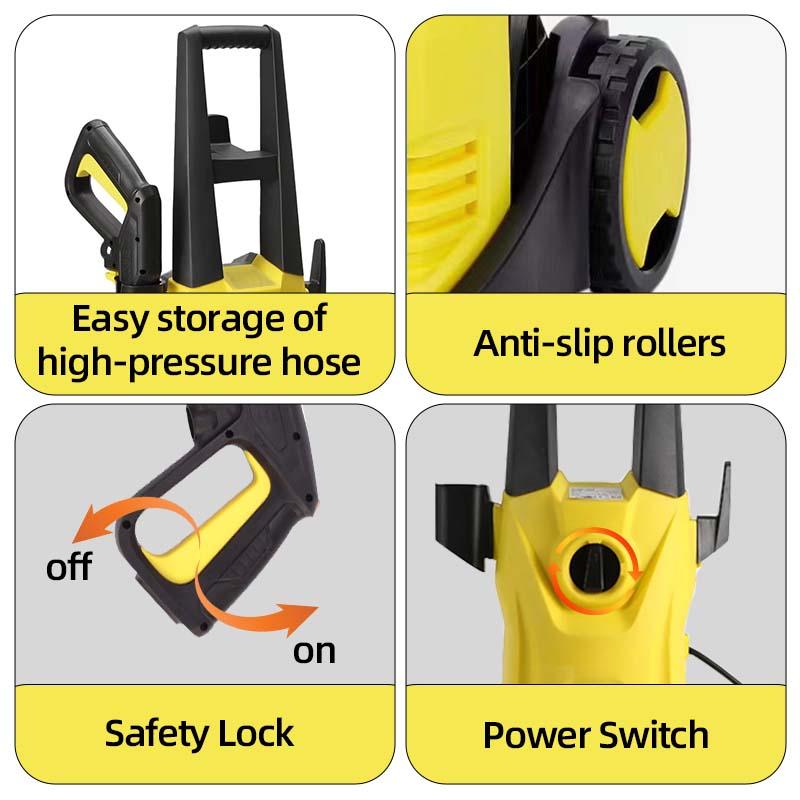 Features of a DayPlusor Pressure Washer with text labels on storage, rollers, safety lock, and power switch.