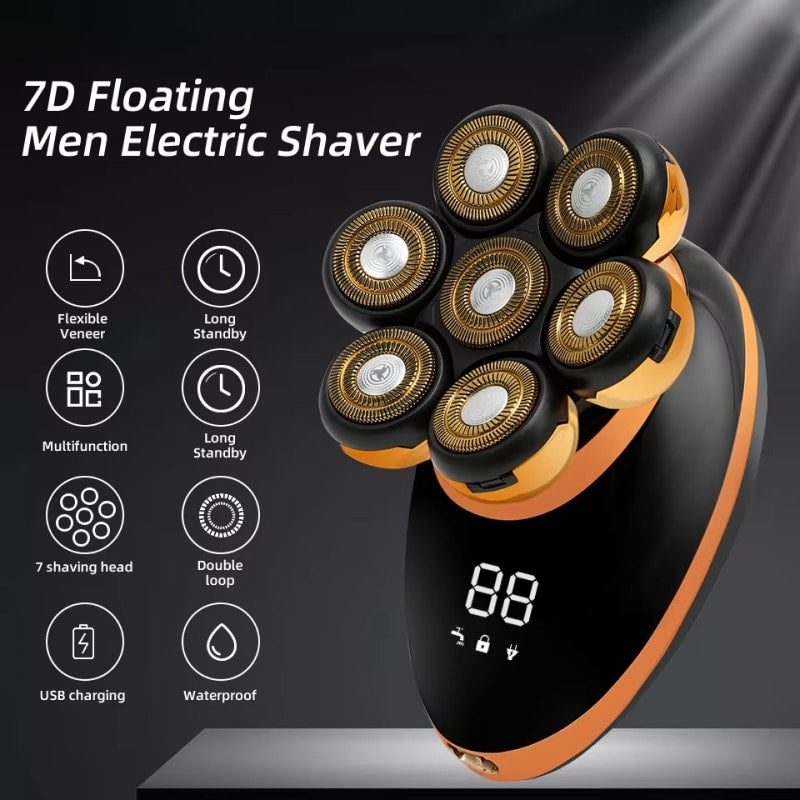 7D Floating Men DomeeGlix Head Shaver with features displayed on a dark background
