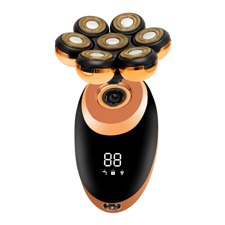 Black and gold DomeeGlix Head Shaver with digital display on a transparent background