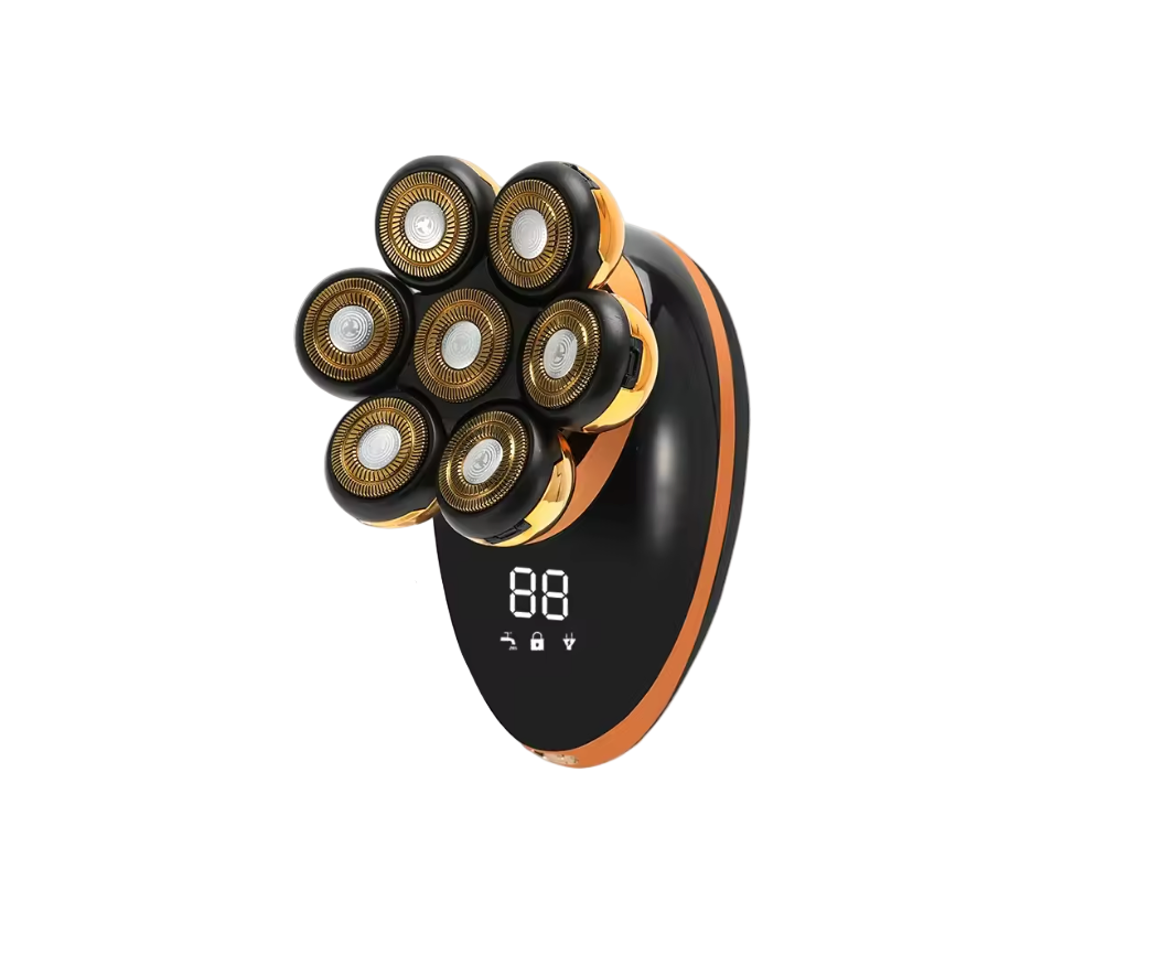 Black and gold DomeeGlix Head Shaver with digital display on a white background