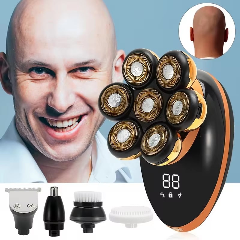 DomeeGlix Head Shaver with multiple heads and attachments, featuring a man with a shaved head.