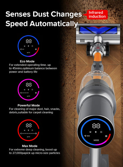 Suction Drexen Vacuum Cleaner with digital display on a wooden floor, featuring text about dust sensing and speed control.