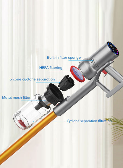 Stylized illustration of a Drexen Vacuum Cleaner with labeled filtration components on a white background.