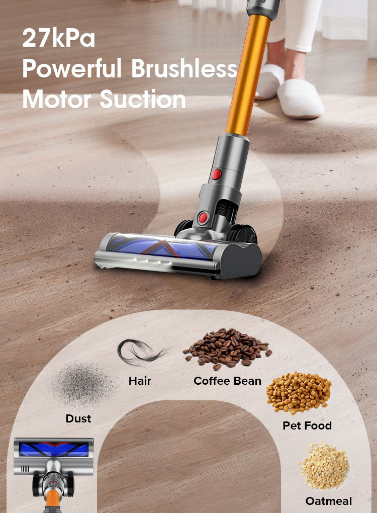Drexen Vacuum Cleaner with text about powerful brushless motor suction on a wooden floor.