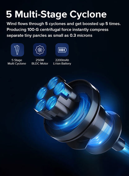 Product with blue light and text about multi-stage Drexen Vacuum Cleaner technology on a dark background