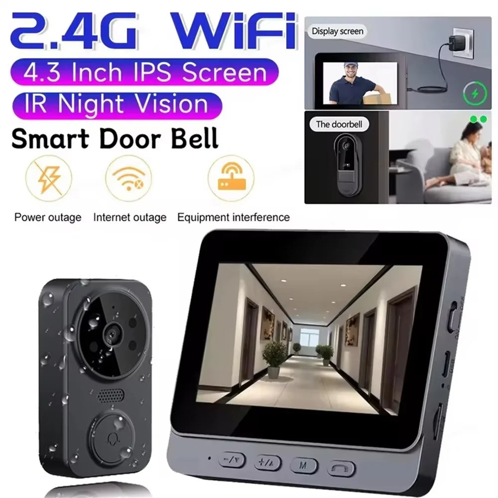 EntryCiz Smart Doorbell Camera with 4.3-inch IPS screen, 2.4G WiFi, IR night vision, and power outage detection feature.