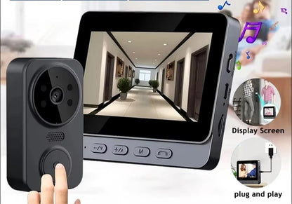 EntryCiz Smart Doorbell Camera with display screen and remote control held by a hand, showing a hallway.