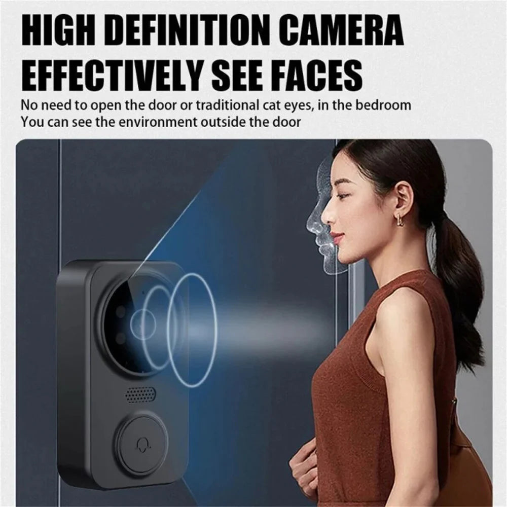 High-definition EntryCiz Smart Doorbell Camera with a woman standing next to it, emphasizing face recognition technology.