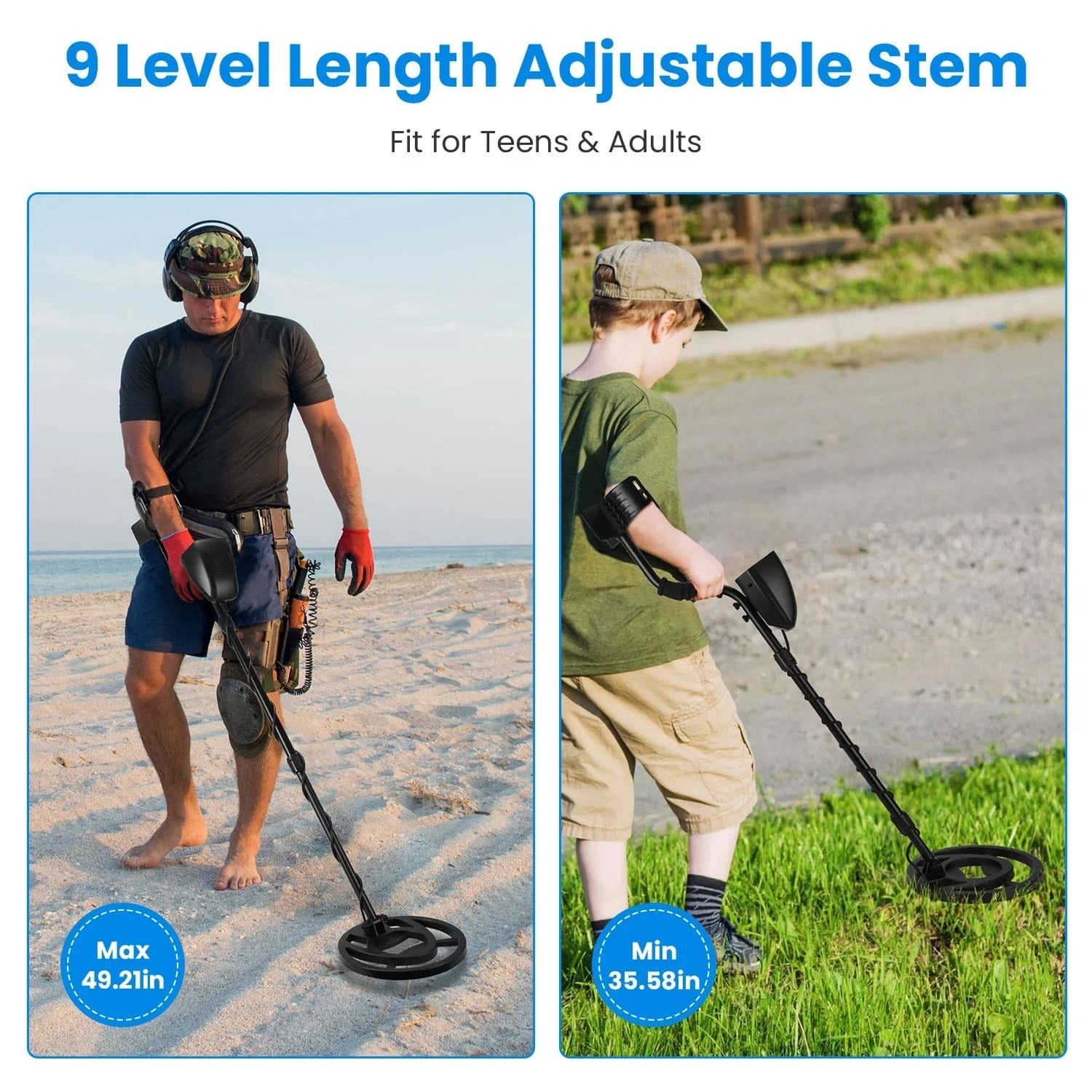 Two people using a FindScani Metal Detector  with adjustable stem on a beach and grassy area.
