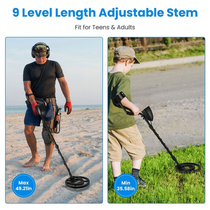 Two people using a FindScani Metal Detector  with adjustable stem on a beach and grassy area.