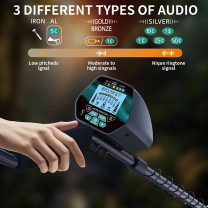 FindScani Metal Detector  device with digital display and audio signal indicators on a dark background