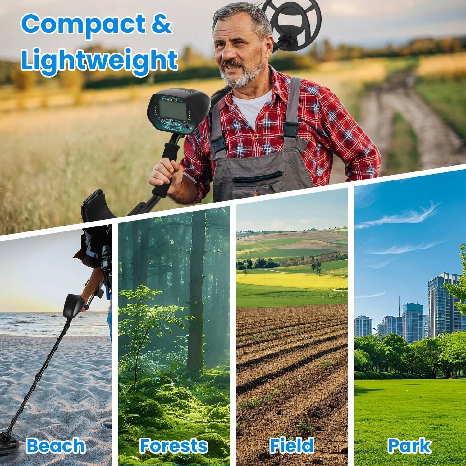 Man holding a FindScani Metal Detector  with outdoor settings including beach, forest, field, and park.