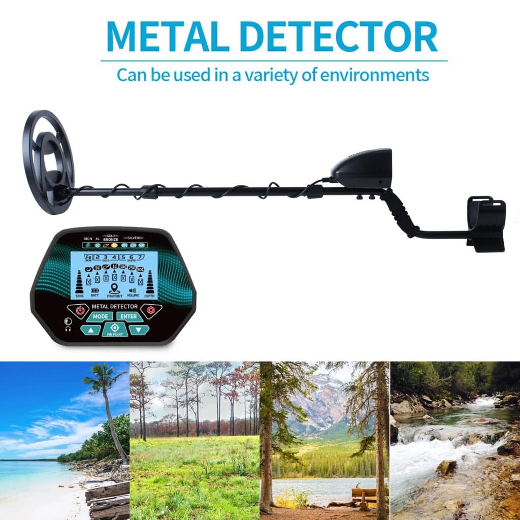 FindScani Metal Detector  with a screen on a white background, surrounded by scenic images of nature.