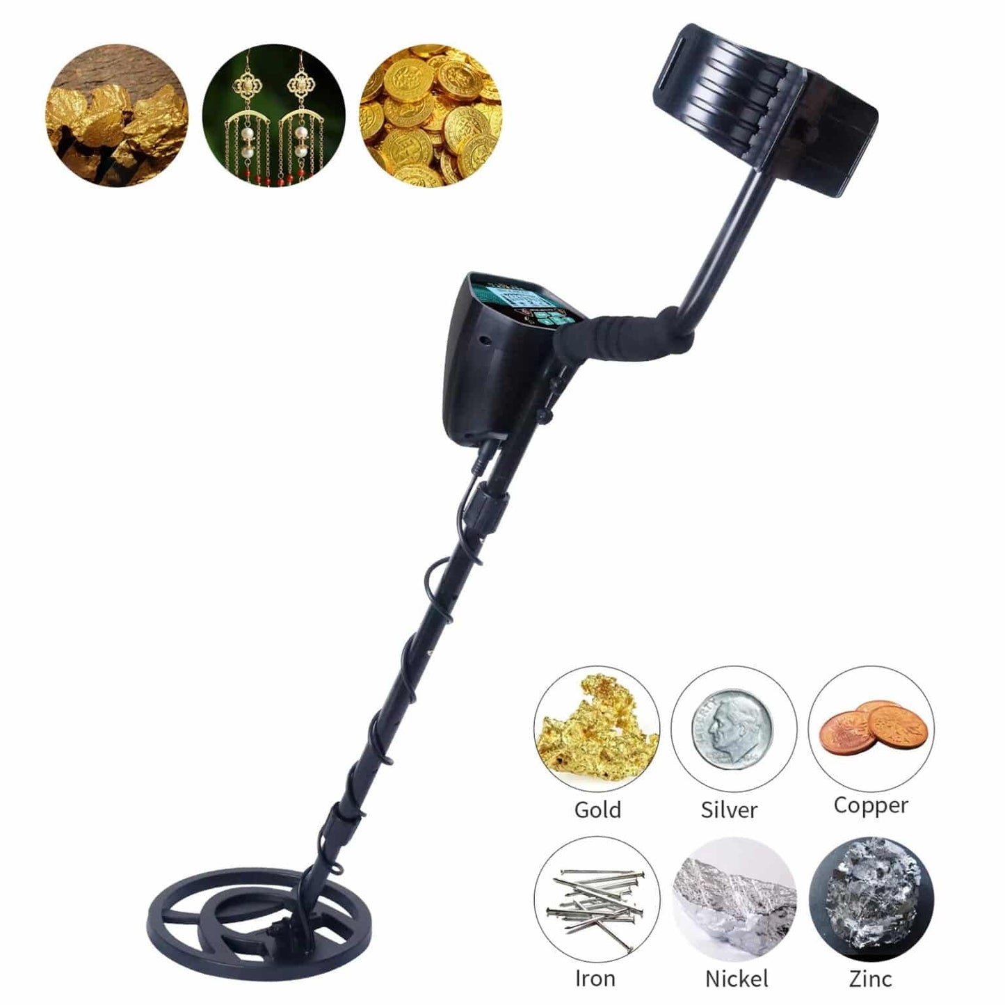 FindScani Metal Detector with images of detected items including gold, silver, copper, iron, nickel, and zinc on a white background.