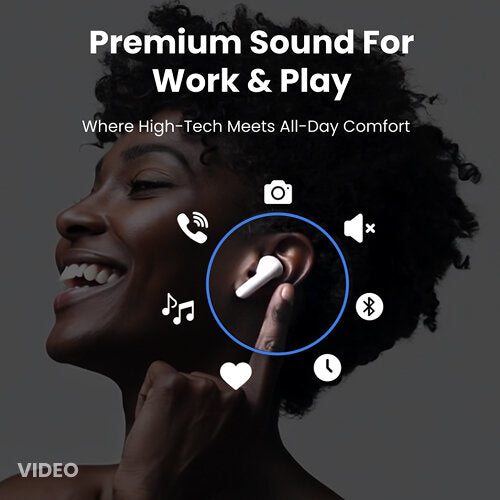 Person wearing Fiti Beats Earbuds with icons and text about premium sound for work and play.