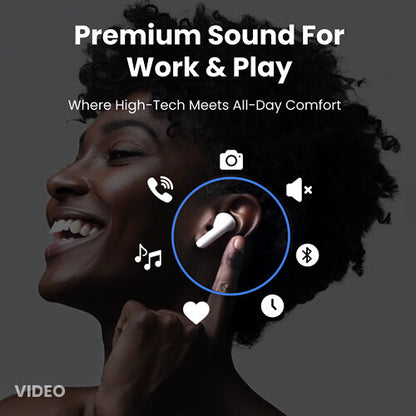 Person wearing Fiti Beats Earbuds with icons and text about premium sound for work and play.