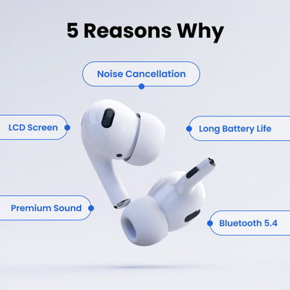 White Fiti Beats Earbuds with features listed on a light blue background