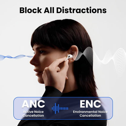 Person wearing wireless earbuds with text 'Block All Distractions' and 'ANC Active Noise Cancellation' and 'ENC Environmental Noise Cancellation'.