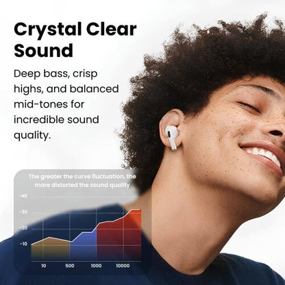 Person wearing wireless earbuds with 'Crystal Clear Sound' text and audio quality graph.