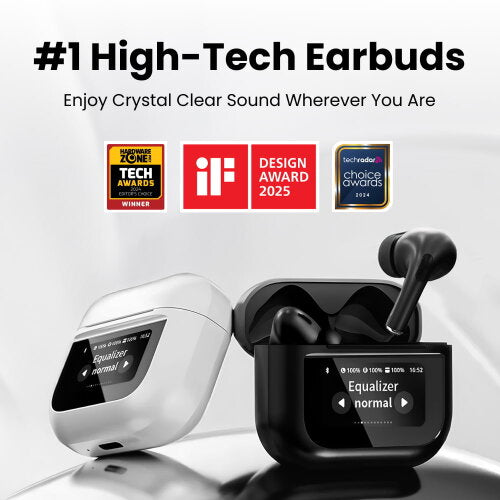 High-tech Fiti Beats Earbuds with charging case and award logos on a white background