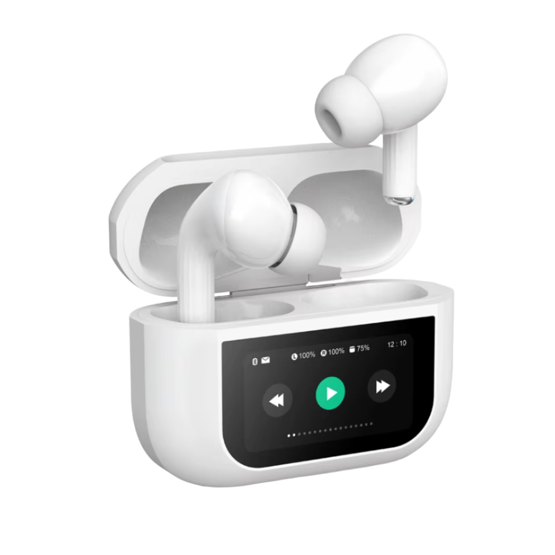 White Fiti Beats Earbuds with charging case on a white background