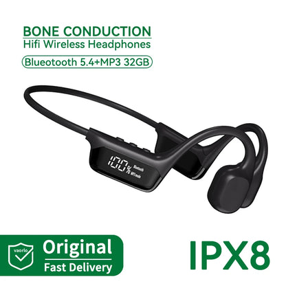 Black bone conduction FlowiBeat headphones with digital display on a white background, featuring Bluetooth 5.4 and MP3 32GB capabilities.