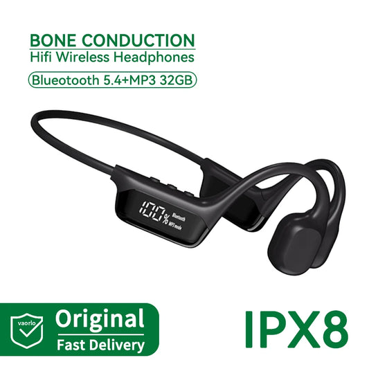 Black bone conduction FlowiBeat headphones with digital display on a white background, featuring Bluetooth 5.4 and MP3 32GB capabilities.